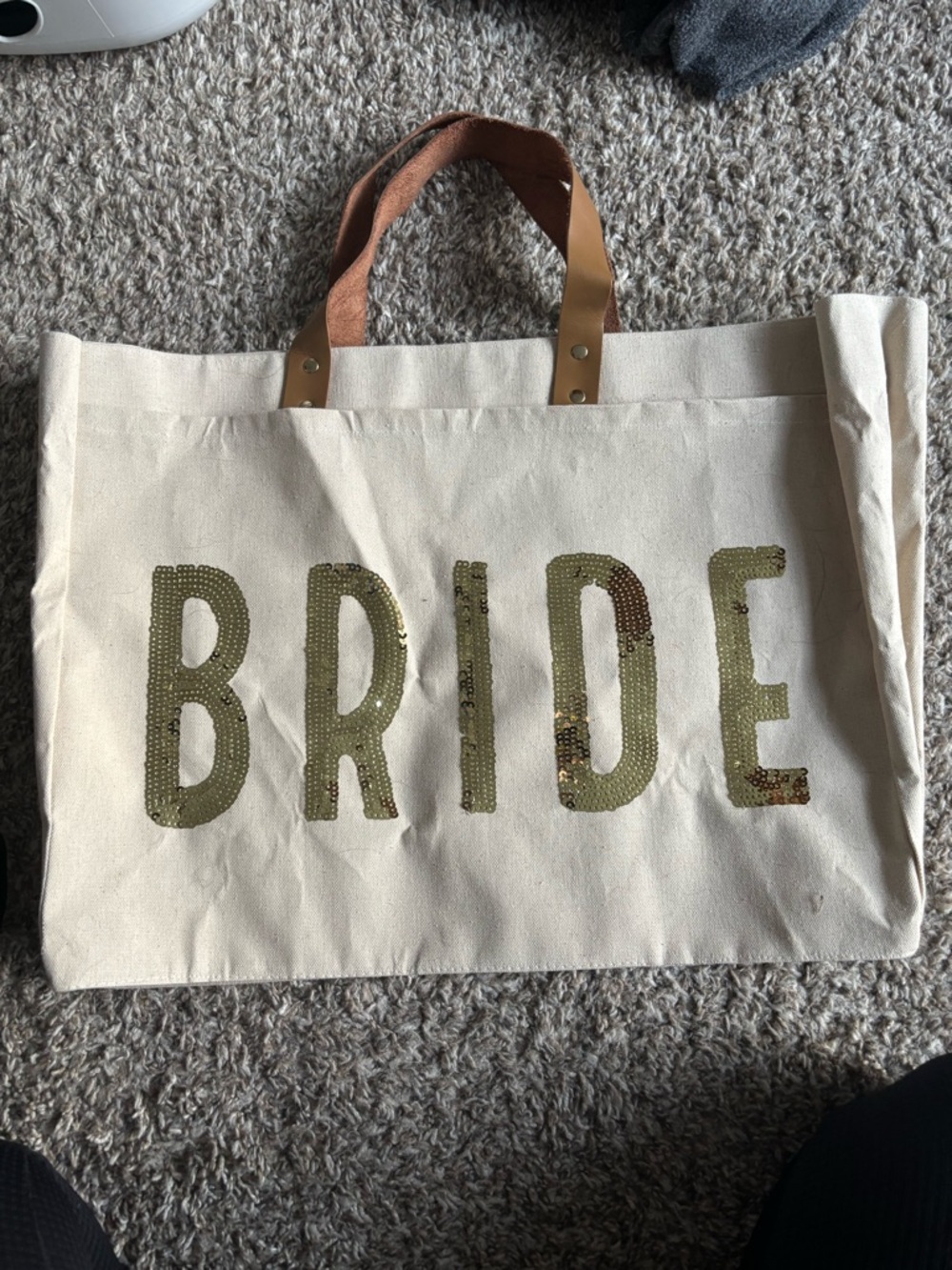 Mud Pie Cream Canvas Tote with Gold Sequin 'BRIDE' Lettering